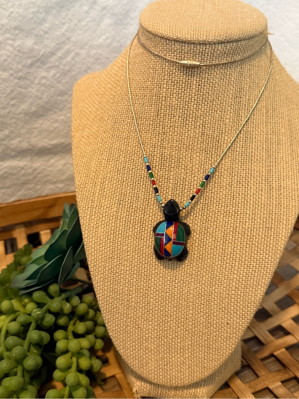 Zuni Inlay Turtle Pendant Necklace - Sterling Silver Chain Women Jewelry